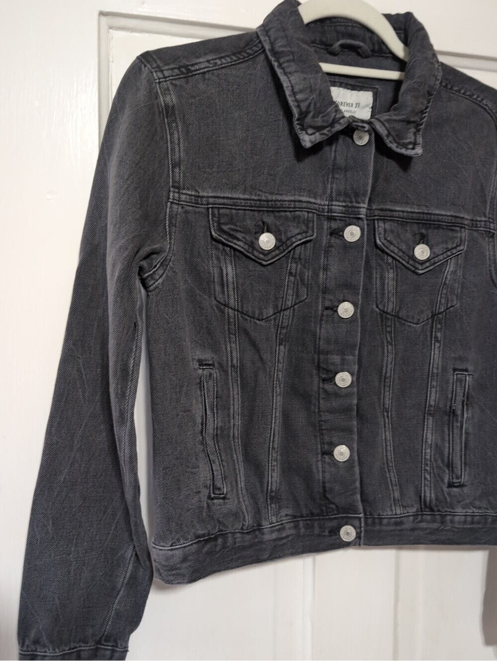 Forever 21 Faded Black Denim Jean Jacket Y2K Preppy Gorpcore Grunge Woman's S(C) - Picture 2 of 5